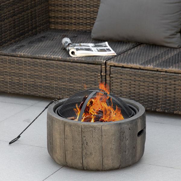 Outsunny 18 Inch Metal Wood Burning Fire Pit With Spark Cover Poker & Woodgrain Design Dark Brown