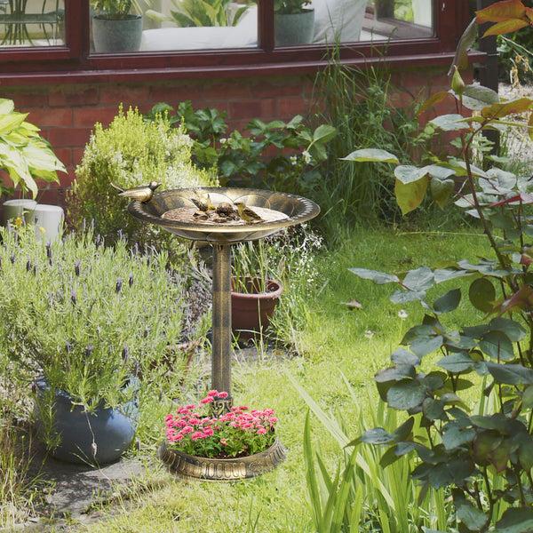 Outsunny 28" Antique-Style Bird Bath With Planter Base & Bird Figurines Bronze Finish