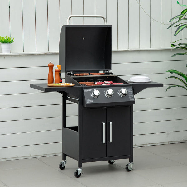 Outsunny 3-Burner Portable Gas Grill With Wheels Warming Rack Shelves Cabinet & Thermometer Black