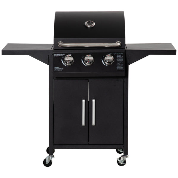 outsunny 3-Burner Portable Gas Grill with Wheels Warming Rack Shelves Cabinet & Thermometer Black