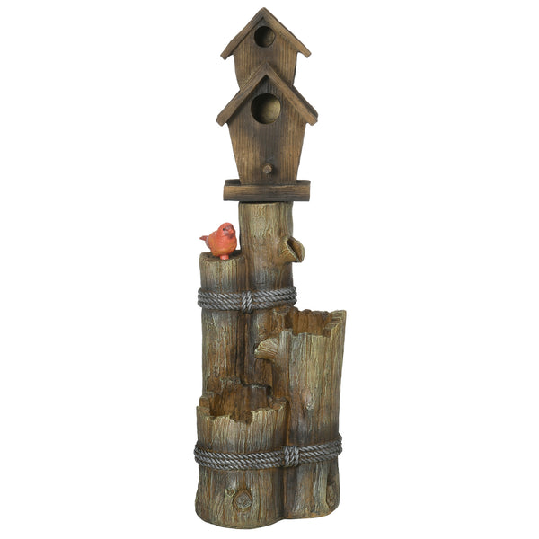 Outsunny 3-Tier Rustic Tree Trunk Fountain With Cascading Waterfall LED Lights & Birdhouse In Brown