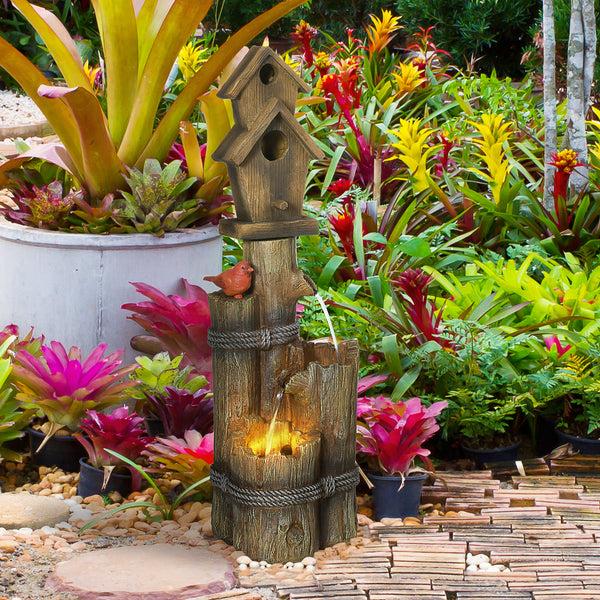 Outsunny 3-Tier Rustic Tree Trunk Fountain With Cascading Waterfall LED Lights & Birdhouse In Brown