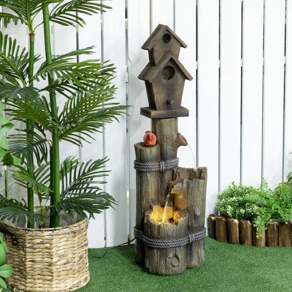 Outsunny 3-Tier Rustic Tree Trunk Fountain With Cascading Waterfall LED Lights & Birdhouse In Brown