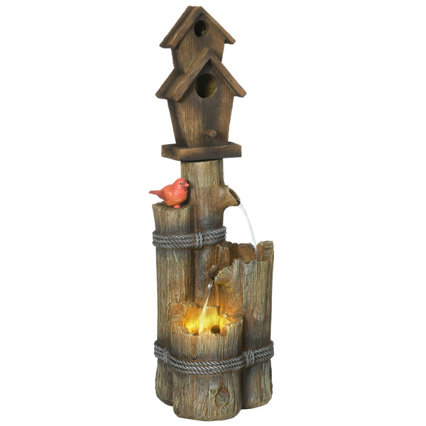 outsunny 3-Tier Rustic Tree Trunk Fountain with Cascading Waterfall LED Lights & Birdhouse in Brown
