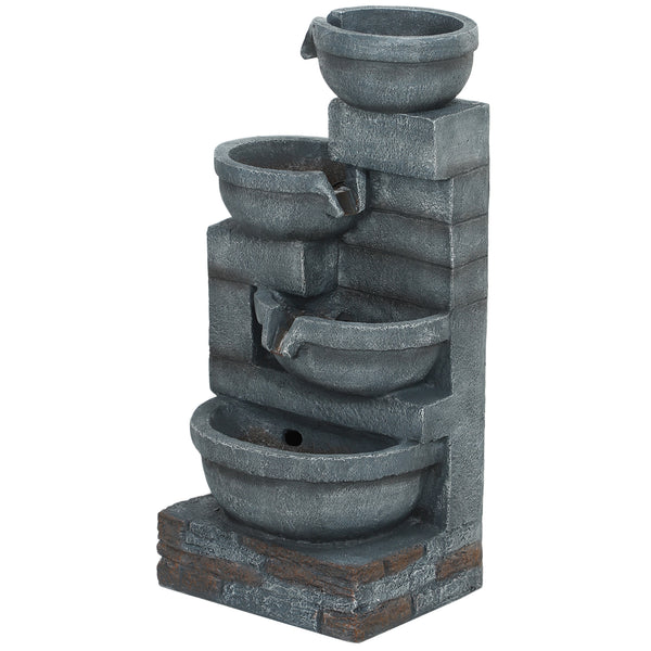 Outsunny 30" Tall Outdoor Water Fountain With LED Lights 4-Tier Resin Cascading Bowls & Pump Gray