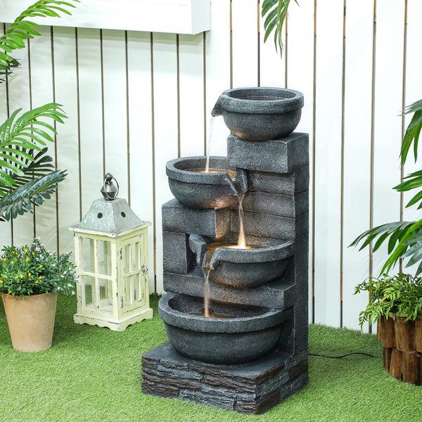 Outsunny 30" Tall Outdoor Water Fountain With LED Lights 4-Tier Resin Cascading Bowls & Pump Gray