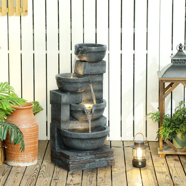 Outsunny 30" Tall Outdoor Water Fountain With LED Lights 4-Tier Resin Cascading Bowls & Pump Gray