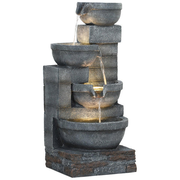 outsunny 30" Tall Outdoor Water Fountain with LED Lights 4-Tier Resin Cascading Bowls & Pump Gray