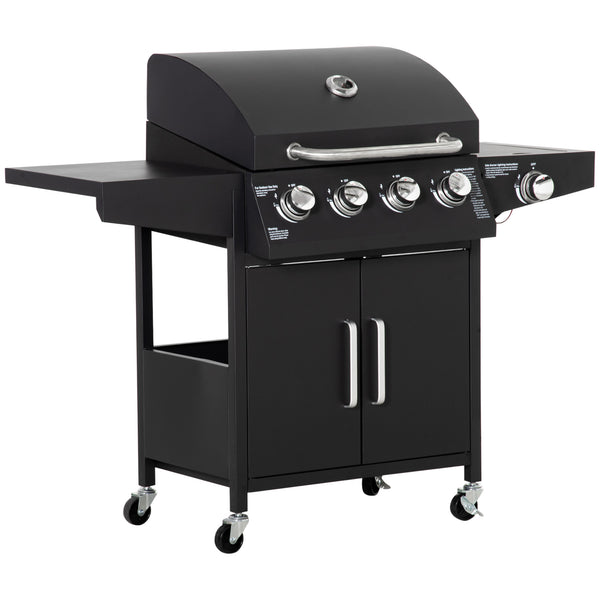 Outsunny 4 Burner Propane Gas Grill With Side Burner With Wheels & Storage Cabinet 50 000 BTU Black
