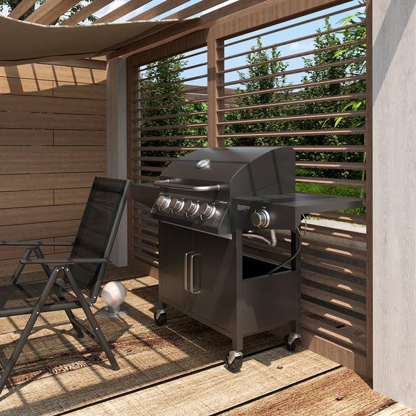 Outsunny 4 Burner Propane Gas Grill With Side Burner With Wheels & Storage Cabinet 50 000 BTU Black