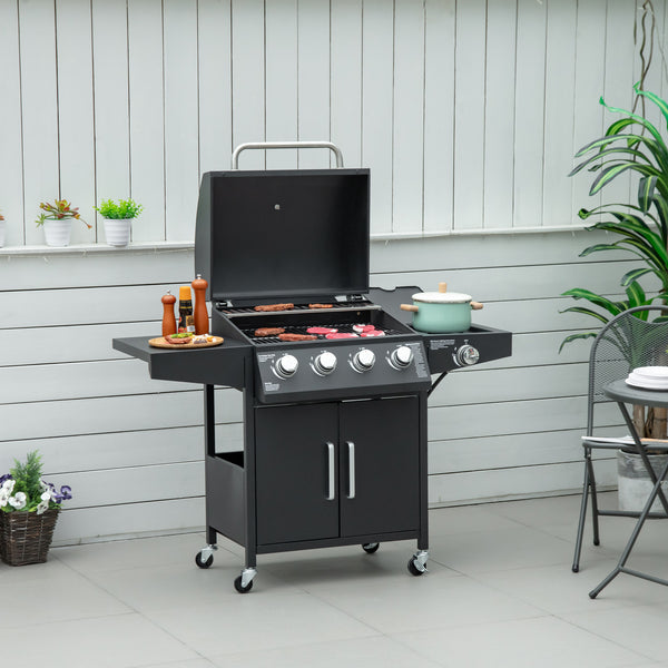 Outsunny 4 Burner Propane Gas Grill With Side Burner With Wheels & Storage Cabinet 50 000 BTU Black