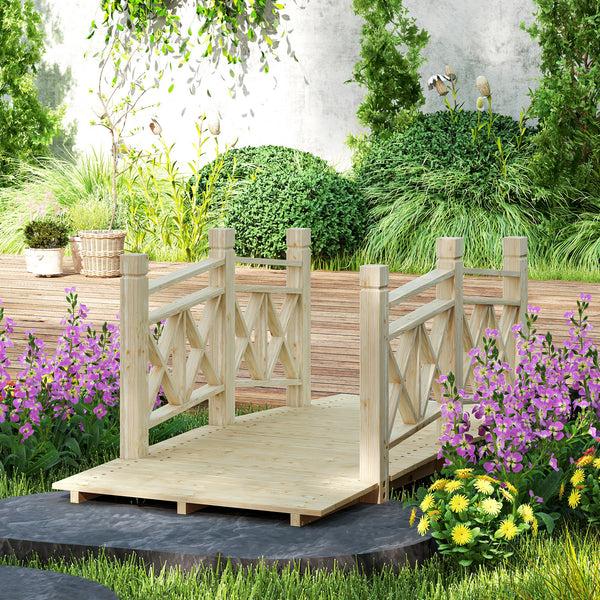 Outsunny 5' Wooden Garden Bridge With Safety Rails Natural Wood Footbridge For Ponds & Streams