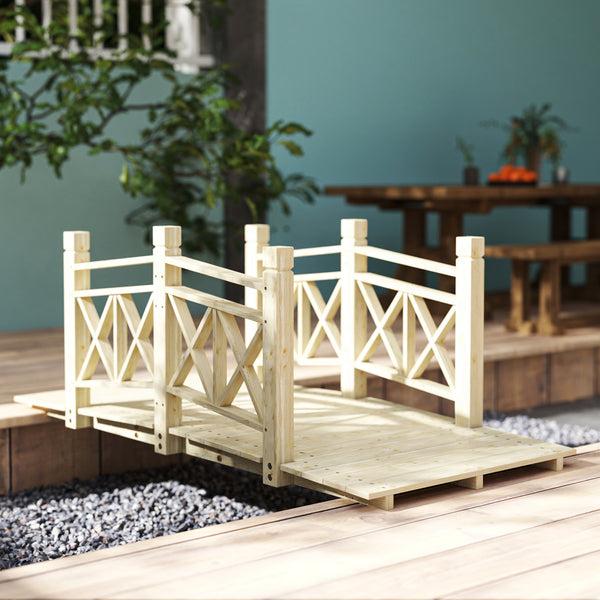 Outsunny 5' Wooden Garden Bridge With Safety Rails Natural Wood Footbridge For Ponds & Streams