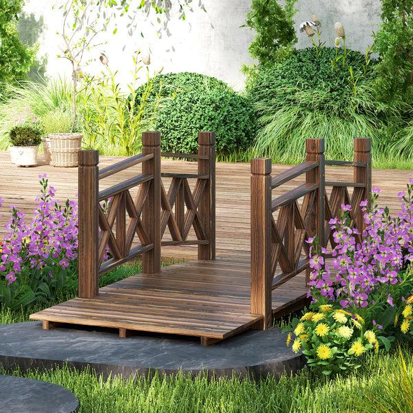 Outsunny 5' Wooden Garden Bridge With Safety Rails Perfect For Creeks Ponds & Backyards Carbonized