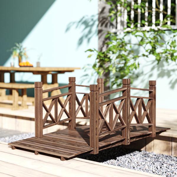 Outsunny 5' Wooden Garden Bridge With Safety Rails Perfect For Creeks Ponds & Backyards Carbonized