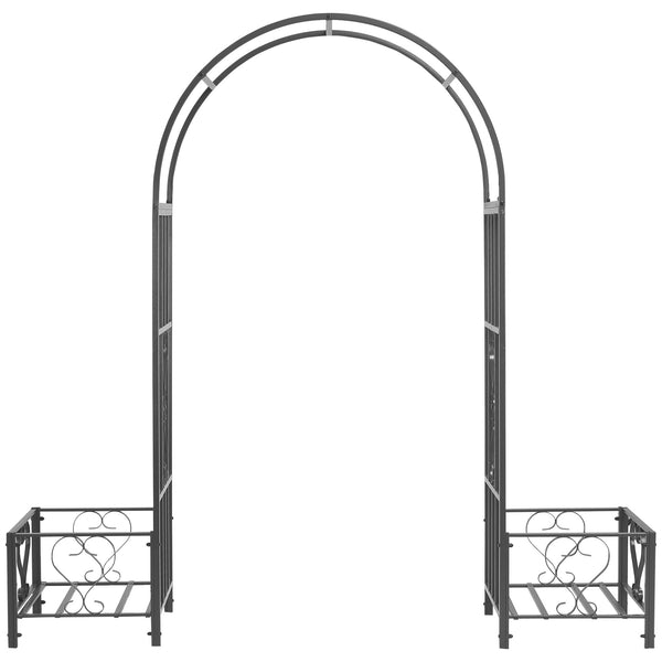 Outsunny 6.7' Steel Garden Arch Arbor With Scrollwork Hearts & Planter Boxes Dark Gray
