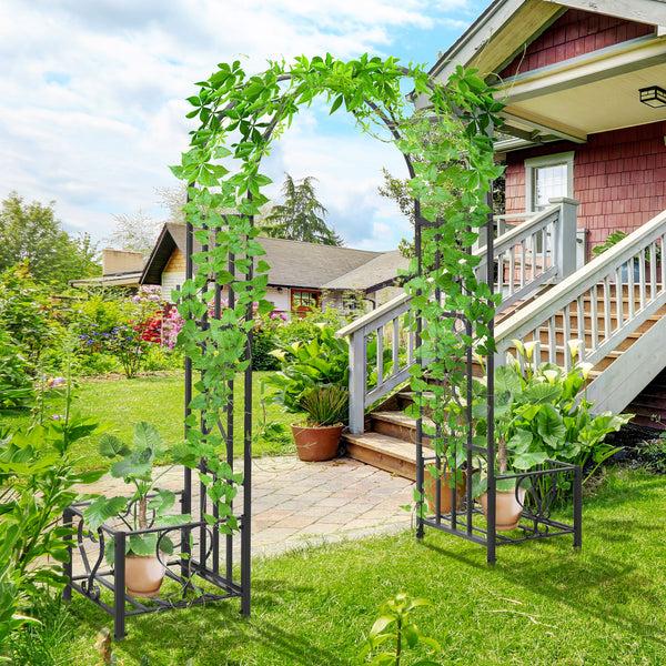 Outsunny 6.7' Steel Garden Arch Arbor With Scrollwork Hearts & Planter Boxes Dark Gray