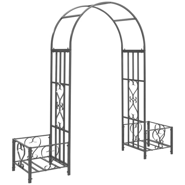 outsunny 6.7' Steel Garden Arch Arbor with Scrollwork Hearts & Planter Boxes Dark Gray