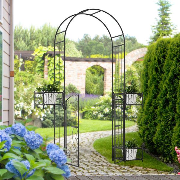 Outsunny 7' Metal Garden Arch Trellis With Gate For Climbing Vines & Weddings Black