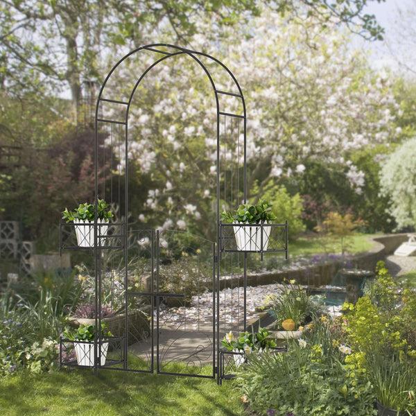 Outsunny 7' Metal Garden Arch Trellis With Gate For Climbing Vines & Weddings Black