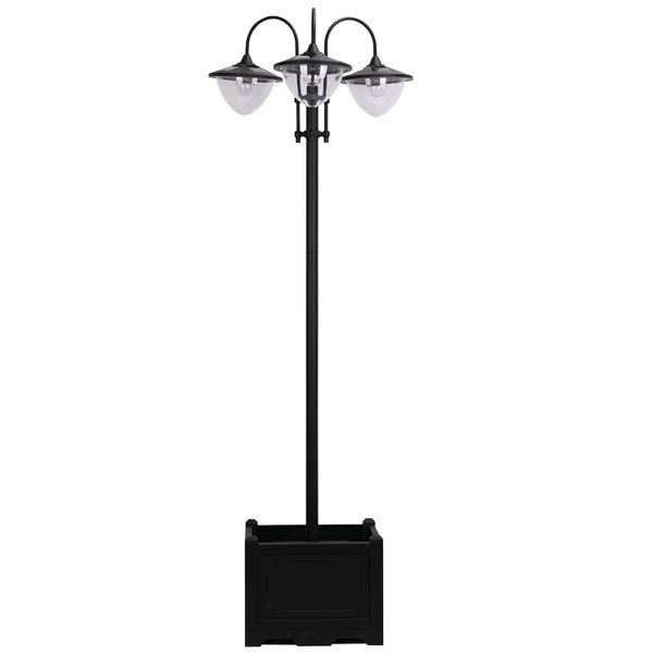 Outsunny 74.5" 3-Head Solar Street Light Post With Planter Auto-On 6Hr Black