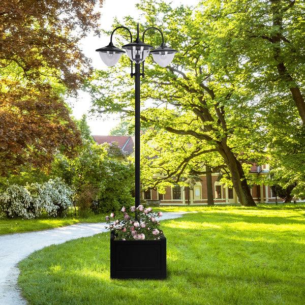 Outsunny 74.5" 3-Head Solar Street Light Post With Planter Auto-On 6Hr Black