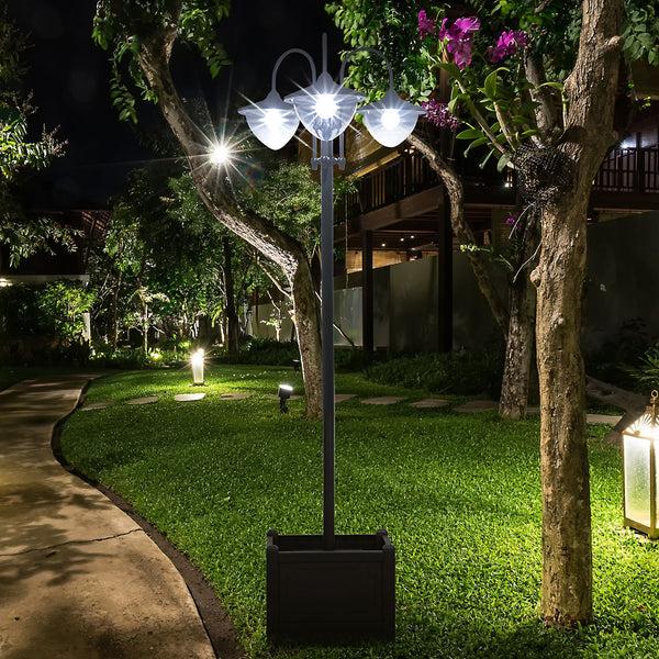 Outsunny 74.5" 3-Head Solar Street Light Post With Planter Auto-On 6Hr Black