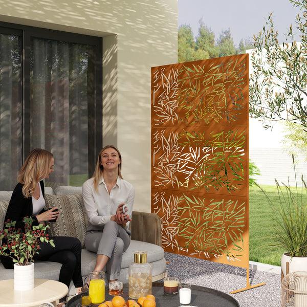 Outsunny 78" X 48" Metal Outdoor Privacy Screen With Climbing Plant Trellis And Stand Bamboo Brown
