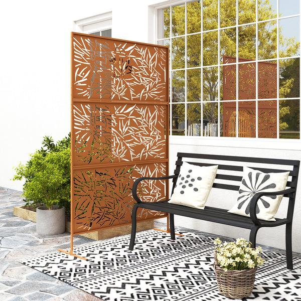 Outsunny 78" X 48" Metal Outdoor Privacy Screen With Climbing Plant Trellis And Stand Bamboo Brown