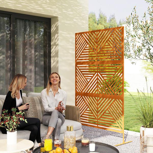 Outsunny 78" X 48" Metal Outdoor Privacy Screen With Stand Rhombus Design Brown Climbing Plant Trellis
