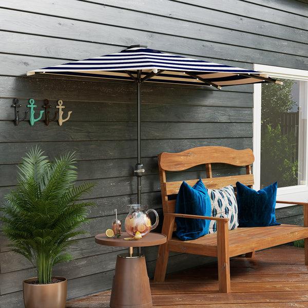 Outsunny 8.5 Ft Half Patio Umbrella With UPF 30+ Vented Canopy Crank Tilt Navy Blue