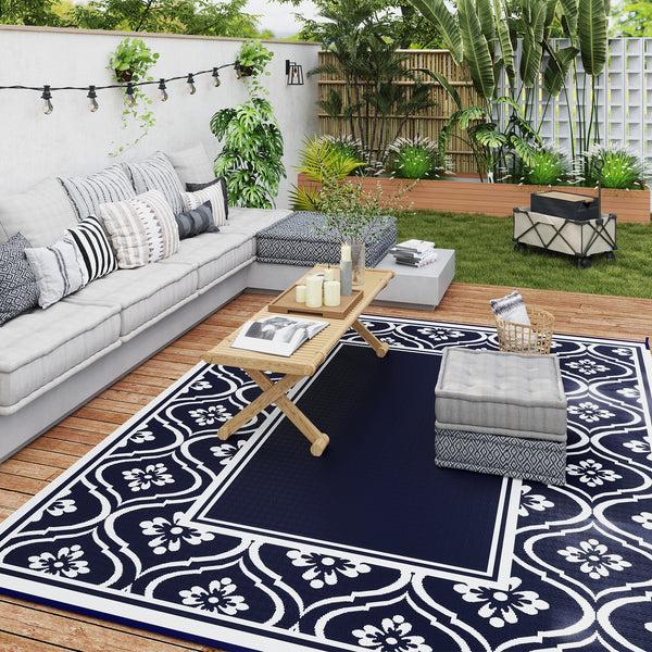 Outsunny 8' X 10' Reversible Outdoor Rug - Waterproof Plastic Straw With Carry Bag Blue & White Border