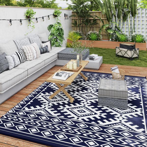 Outsunny 8' X 10' Reversible Waterproof Outdoor Rug Plastic Straw With Blue & White Rhombus Border