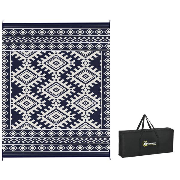 outsunny 8' x 10' Reversible Waterproof Outdoor Rug Plastic Straw with Blue & White Rhombus Border