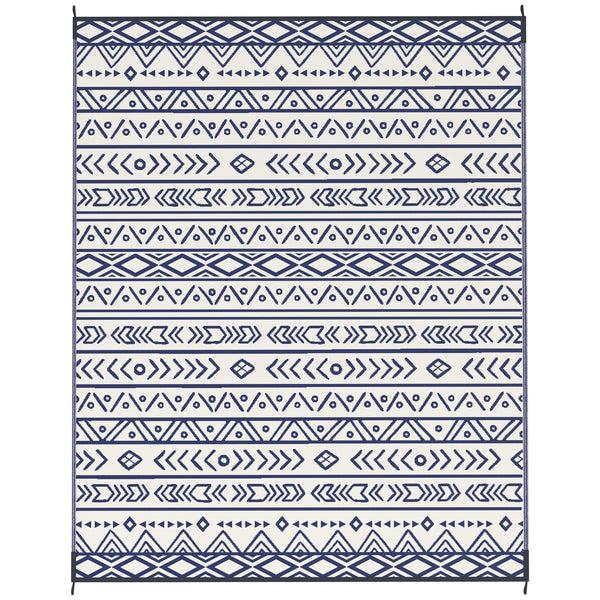 Outsunny 8' X 10' Reversible Waterproof Plastic Straw Outdoor Rug In Blue & White Geometric