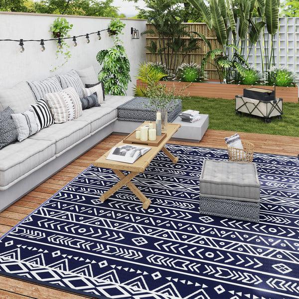 Outsunny 8' X 10' Reversible Waterproof Plastic Straw Outdoor Rug In Blue & White Geometric