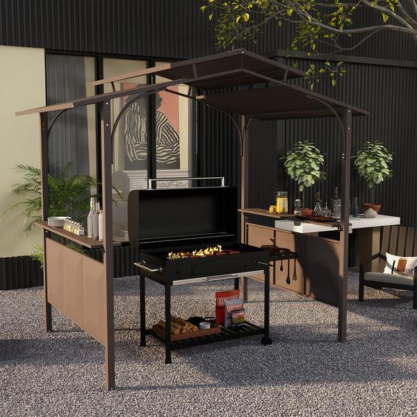 Outsunny 8' X 5' BBQ Grill Gazebo Double Tiered Roof Steel Frame 2 Shelves Brown