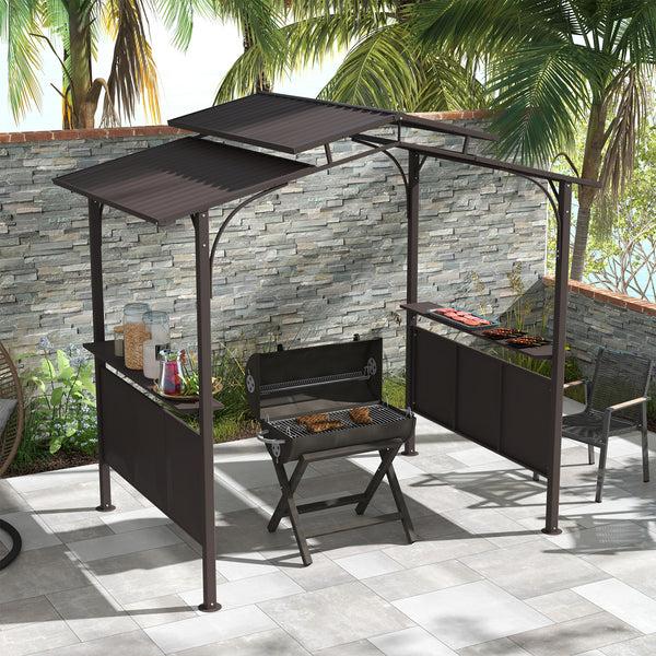 Outsunny 8' X 5' BBQ Grill Gazebo Double Tiered Roof Steel Frame 2 Shelves Brown