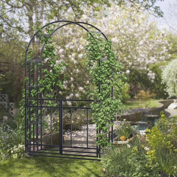 Outsunny 81" Metal Garden Arbor With Double Doors Locking Gate Vine Frame & Heart Motifs Grey