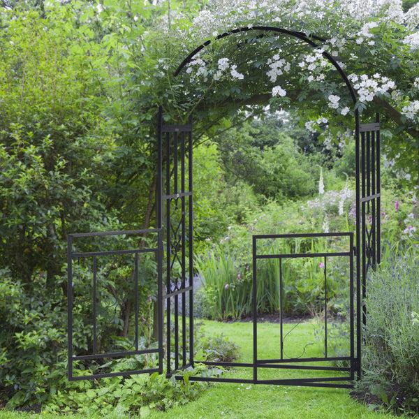 Outsunny 81" Metal Garden Arbor With Double Doors Locking Gate Vine Frame & Heart Motifs Grey