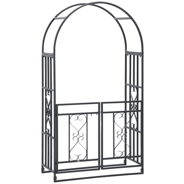 outsunny 81" Metal Garden Arbor with Double Doors Locking Gate Vine Frame & Heart Motifs Grey