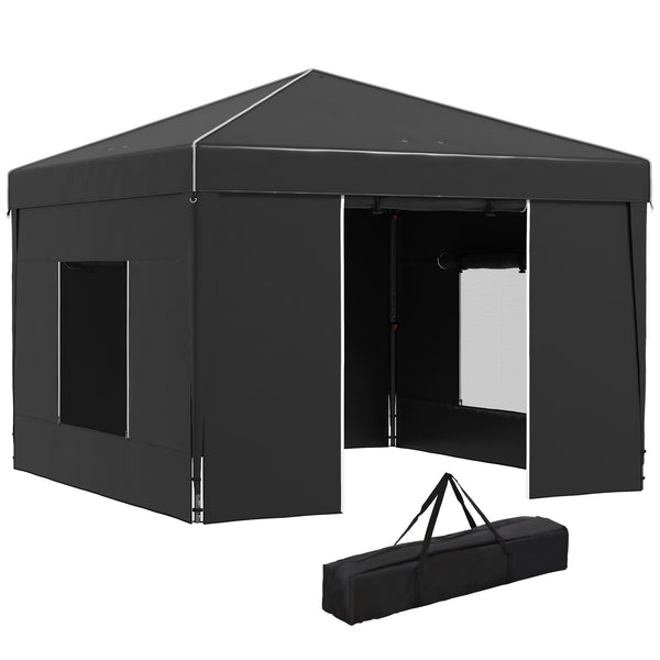 outsunny 9.7' x 9.7' Pop Up Canopy Tent with Sidewalls 2 Mesh Windows & Reflective Strips Black