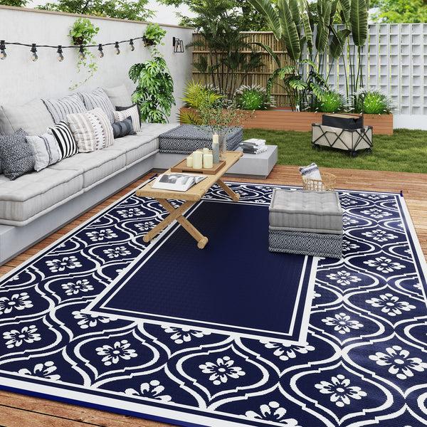 Outsunny 9' X 12' Outdoor Rug Waterproof Reversible Blue & White Gourd Border