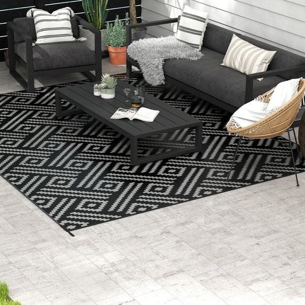 Outsunny 9' X 12' Reversible Camping Rug With Carry Bag Black & Gray Geometric