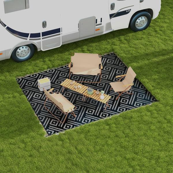 Outsunny 9' X 12' Reversible Camping Rug With Carry Bag Black & Gray Geometric