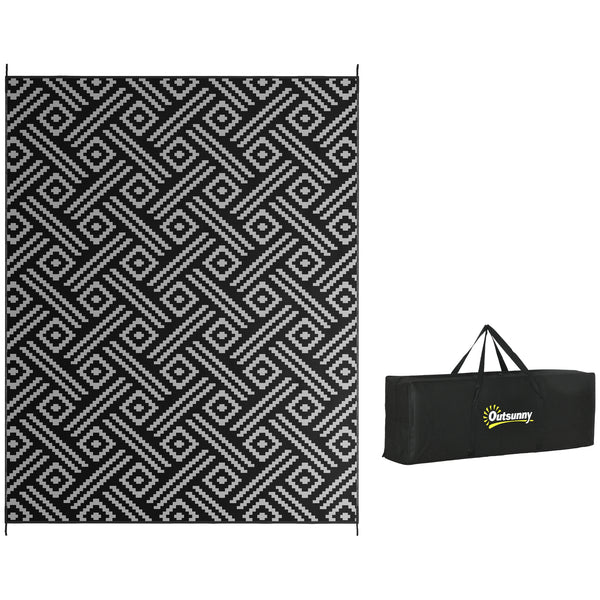 outsunny 9' x 12' Reversible Camping Rug with Carry Bag Black & Gray Geometric
