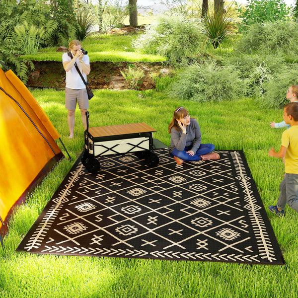 Outsunny 9' X 12' Reversible Outdoor Rug Waterproof Plastic Straw With Carry Bag Black & Beige Rhombus