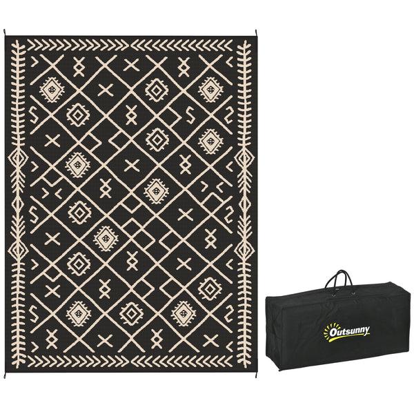 outsunny 9' x 12' Reversible Outdoor Rug Waterproof Plastic Straw with Carry Bag Black & Beige Rhombus