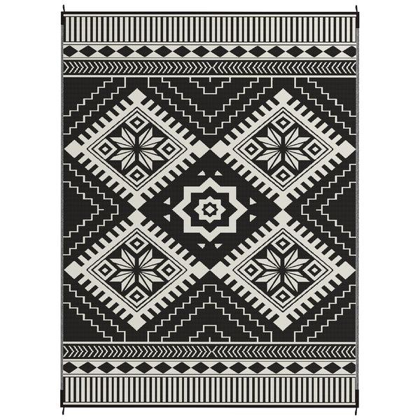 Outsunny 9' X 12' Reversible Outdoor Rug Waterproof W/ Carry Bag White & Black Toothed Rhombus
