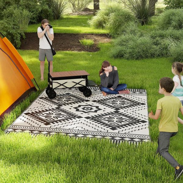 Outsunny 9' X 12' Reversible Outdoor Rug Waterproof W/ Carry Bag White & Black Toothed Rhombus